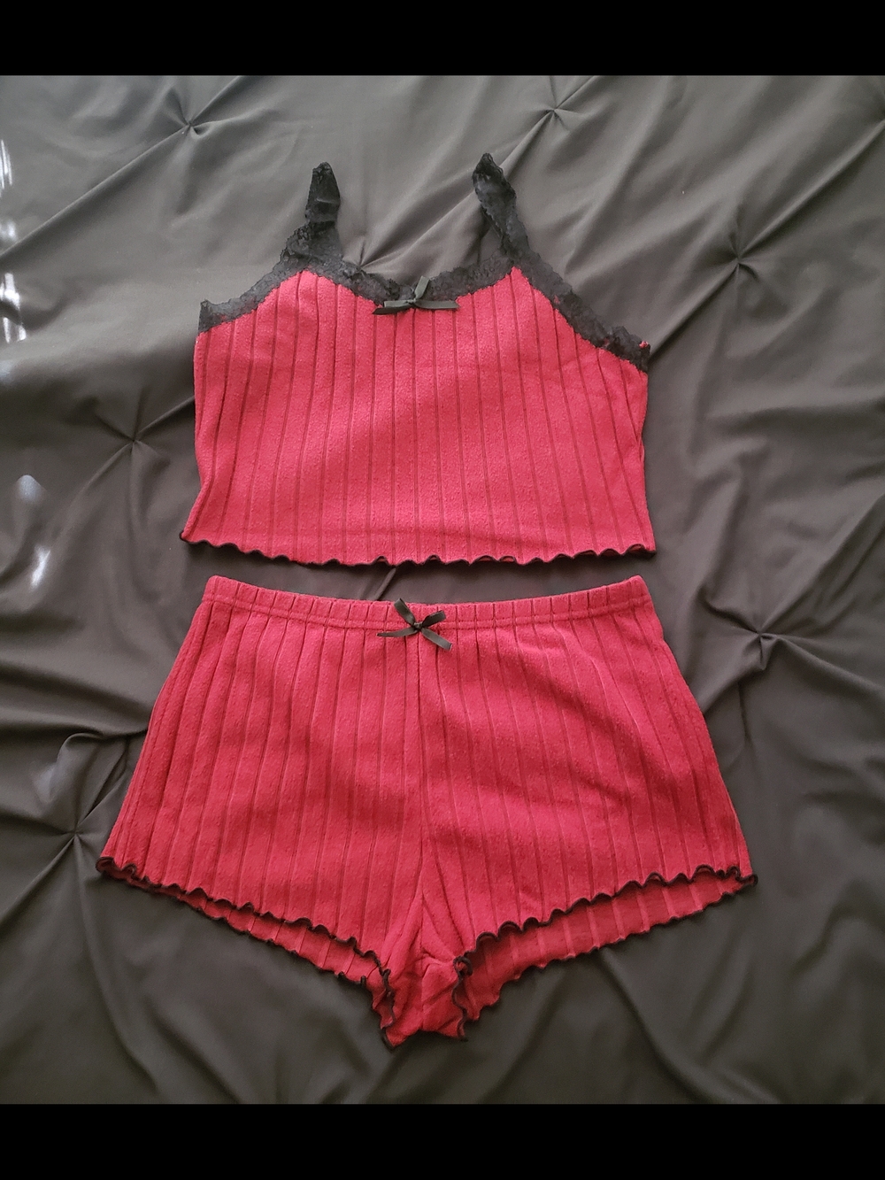 SHEIN Ribbed Lace-Trim Crop Top & Shorts Set - Burgundy with Black Trim